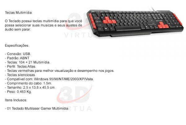 TECLADO MULTIMIDIA GAMER RED KEYS USB MULTILASER TC160